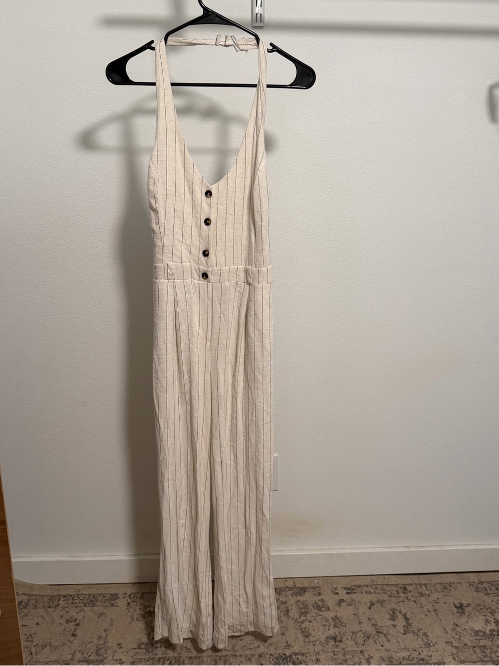 Monteau Cream Striped V‑Neck Button Front Jumpsuit